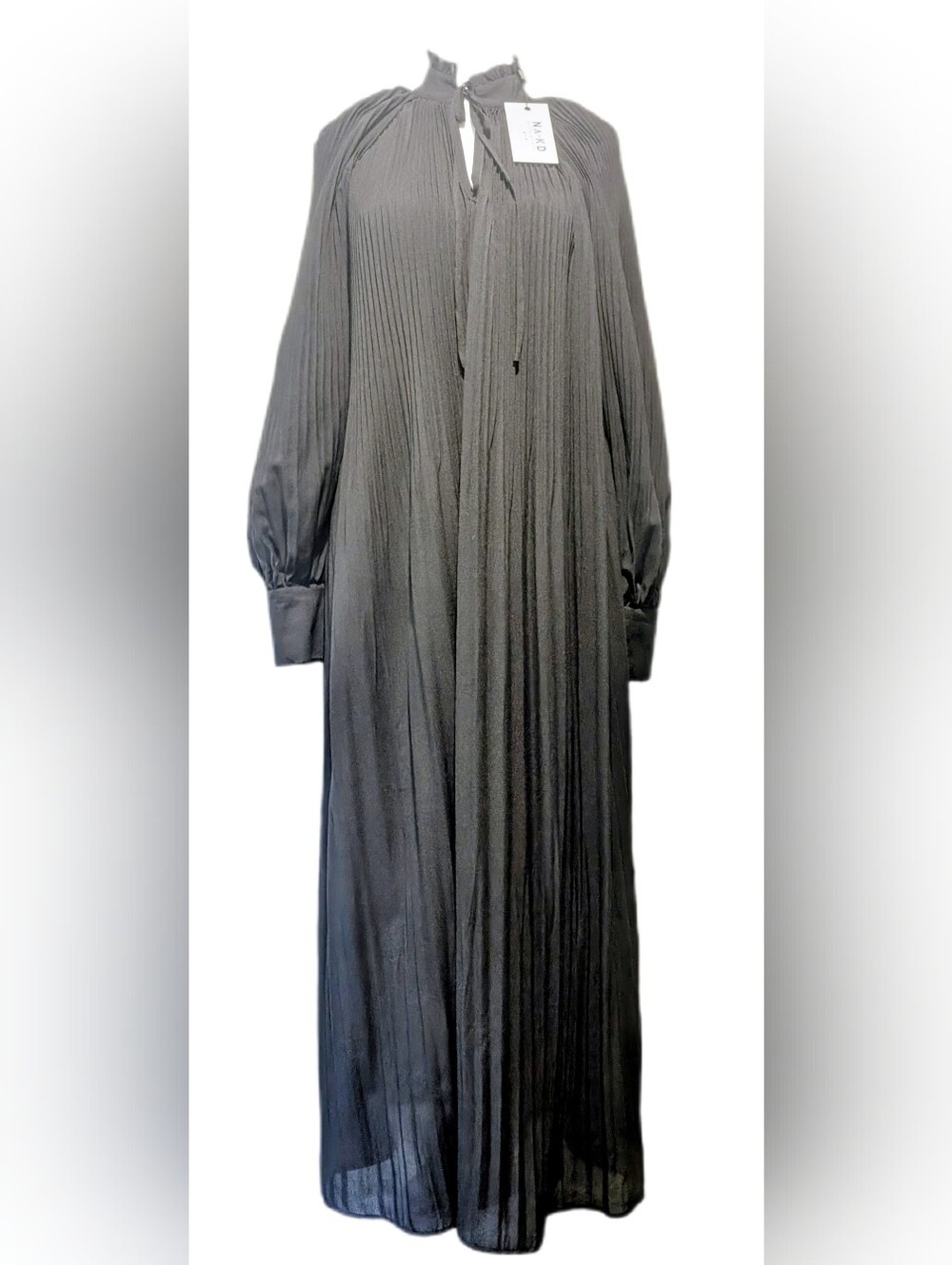 NA-KD Black Pleated Tie-neck Maxi Dress Puff Sleeves Covered Buttons NWT -38-